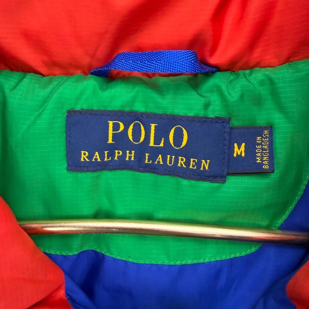 Polo Ralph Lauren Mens RL250 Down Puffer Jacket Green Blue Red Colorblock Size M